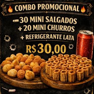 imagem do produto 30 Mini Salgados + 20 Mini Churros + Refrigerante Lata