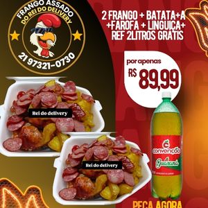 imagem do produto 2 frango assado + batata + linguiça+ farofa + 1 ref grátis