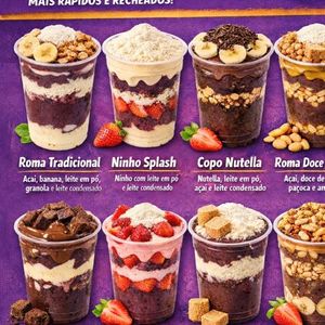 imagem do produto roma love chocolate / açai , gota de chocolate , granulado chocolate , sucrilho chocolate , cobertura chocolate e creme de chocolate