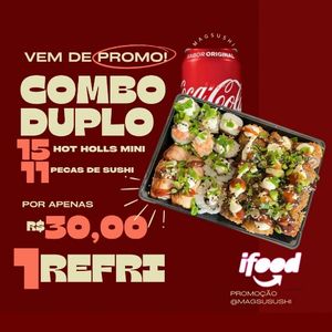 imagem do produto Combo duplo 15 hot holls combo 11 peças de sushi 1 coca cola lata  