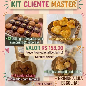 imagem do produto 12 bolinhos adoçados com uva-passa+ 6 corações de tapioca + 12 cookies de tâmara + 15 pães de queijo coloridos + brinde a sua escolha!