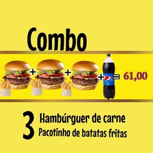 imagem do produto Três hambúrgueres mais três pacotes de batata fritas e uma Pepsi 2 litros 