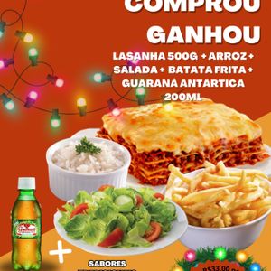 imagem do produto PROMOÇÃO!!! 1 COMBOS (1 LASANHAS 500G + 1 ARROZ REFOGADO + 1 SALADA VERDE + 1 BATATA FRITA E LEVE + 1 GUARANÁ 200ML GRÁTIS) ESCOLHA O SABOR!