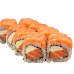 imagem do produto Uramaki salmão com fita de salmão por cima.