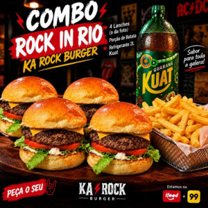 imagem do produto Combo Rock in Rio - Combo 4 Burguers + batata+ refri 2l