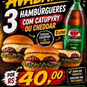 imagem do produto  3 HAMBÚRGUER COM CHEDDAR OU CATUPURY + REFRIGERANTE DE UM LITRO 