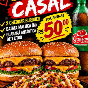 imagem do produto COMBO CASAL  2 CHEDDAR BURGUER + BATATA MALUCA ( M ) + REFRIGERANTE DE UM LITRO 