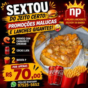 imagem do produto Combo especial 2 podrão camarão c/ cheddar, 2 coca lata 2 batata P