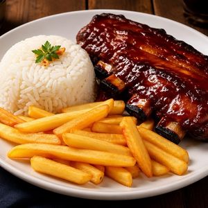 imagem do produto Costela suína com molho barbecure, cebola crispim, arroz branco e batatas frita