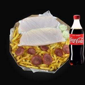 imagem do produto COMBO 2 cachorro quente duplo + calabresa + fritas + maionese + coca cola 600ml