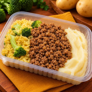 imagem do produto (Almoço 04) Patinho moído àbolonhesa, arroz integral com brócolis e purê de batata inglesa(Calorias 440/Proteinas 35g/Carboidratos 40g/Gorduras totais 14g/Fibras alimentares 7g/Gorduras trans 0g