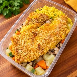 imagem do produto (Almoço 07)Filé de frango empanado, feijão fradinho, arroz à grega e legumes(398 kcal/Carboidratos 45g/Proteínas 33g/Gorduras totais 10g/Gorduras saturadas 2g/Gorduras trans 0g/Fibras 7g
