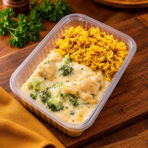 imagem do produto Jantar 10 Creme de brócolis com frango e arroz integral com lentilha(Calorias 350/Carboidratos 25g/Proteinas 34g/Gorduras totais 10g/Gorduras saturadas 2,5g/Gorduras trans 0g/Fibras alimentares 7g)