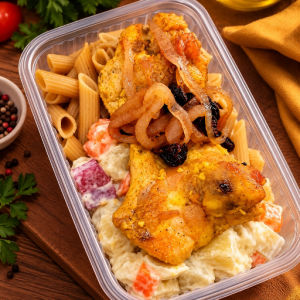 imagem do produto (Almoço 03)Filé de sobrecoxa ao chutney de cebola,penne integral e suflê fit de legumes(Calorias 420/Carboidratos 46g/Proteínas 32g/Gorduras totais 12g/Gorduras saturadas 3g/Gorduras trans 0g/Fibras alimentares 6g)