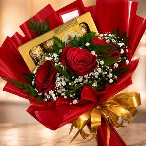 imagem do produto Buquê luxo com 03 rosas + Ferrero Rocher | Embalagem Vermelha