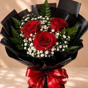 imagem do produto Buquê 03 rosas vermelhas - embalagem Black coreano  