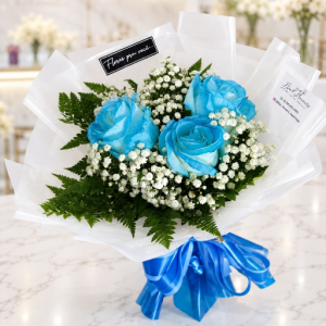 imagem do produto Buquê lançamento - 03 rosas azul - embalagem branca  