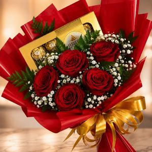 imagem do produto Buquê com 05 rosas + Ferrero Rocher com 08 unidades ( Especial o queridinho delas "   