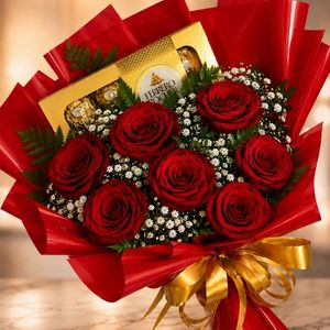 imagem do produto Buquê Luxo  07 rosas + Ferrero Rocher de 8 unidades