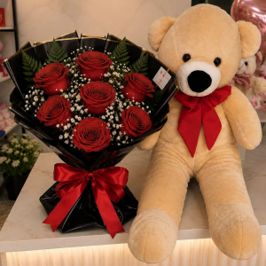 imagem do produto Combo super luxo - Buquê 7 rosas - Urso Teddy 