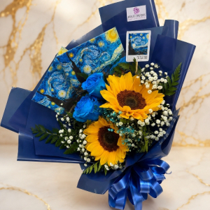 imagem do produto Buquê van Gogh super luxo - ( 02 girassol + duas rosas azul ) 