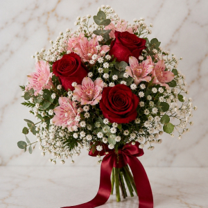 imagem do produto Buquê classico civil 03 rosas vermelhas| astromélias rosa 