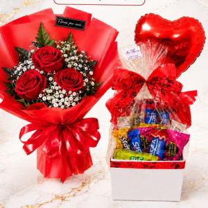 imagem do produto Combo flowers Buquê luxo 03 rosas vermelhas+ box especial chocolates variados 