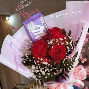 imagem do produto Buquê 03 rosas + Milka tradicional+ embalagem lilás | " elas amam "