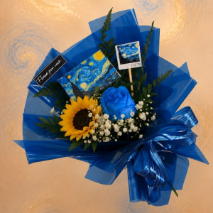imagem do produto Buquê Van Gogh disponível - 01 rosa Azul  / 01 girassol 