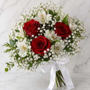 imagem do produto Buquê clássico civil - 03 rosas vermelhas + astromélias brancas ( pequeno )