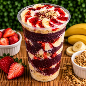 imagem do produto Banana & Cobertura ( açaí , leite em pó , leite condensado , paçoquinha , cobertura morango e banana)
