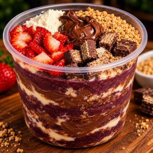 imagem do produto Açai bliss litro - Leite em pó - Leite condensado - Paçoquinha - Morango fresco - Bis preto em todas as camadas - Nutella em baixo e em cima