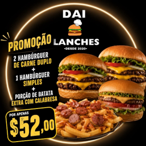 imagem do produto 2 HAMBURGUERES DUPLOS, 1 HAMBURGUER SIMPLES E UMA PORÇAO DE BATATA FRITA EXTRA COM CALABRESA.