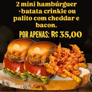 imagem do produto 2 mini hambúrguer + batata crinkle ou palito, com cheddar e bacon.Favor especificar qual batata.