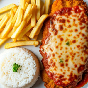 imagem do produto FRANGO À PARMEGIANA, ARROZ, BATATA FRITA E FAROFA 