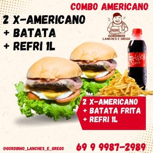 imagem do produto Combo: 2 X-AMERICANO + BATATA FRITA +1 REFRIGERANTE 1L 