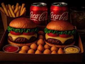 imagem do produto Caixa da Felicidade 2x Hambúrguer + Fritas + Mini Salgados+2 refri