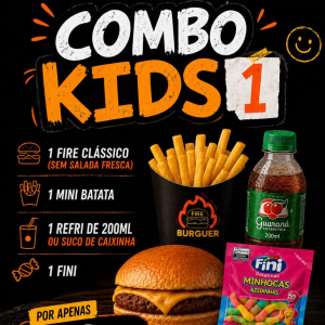 imagem do produto COMBO KIDS * 1 CLASSICO (SÓ CARNE E QUEIJO) + MINI BATATA FRITA + REFRIGERANTE OU SUCO 200ML + FINI.