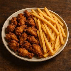 imagem do produto Porção  de frango a passarinho empanado/com batata frita.         ( tamanho p) 