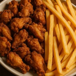 imagem do produto Porção frango a passarinho empanado com batata frita (tamanho m) serve até 3 pessoas 