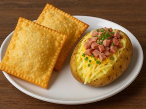 imagem do produto Dois Pastéis, uma Batata Recheada e 3 Bebidas.