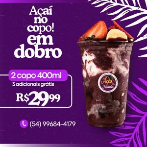 imagem do produto Açaí em dobro 2 copo de 400ml com 3 adicionais grátis 