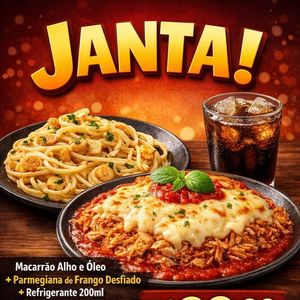 imagem do produto Janta! Marmitex Tamanho Média com Macarrão Alho e Óleo e parmegiana de frango desfiado