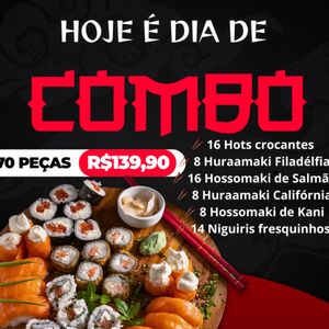 imagem do produto (Combo) 70 peças! 🥢 16 Hots crocantes 🥢 8 Huramaki Filadélfia 🥢 16 Hossomaki de Salmão 🥢 8 Huramaki Califórnia 🥢 8 Hossomaki de Kani 🥢 14 Niguiris fresquinhos
