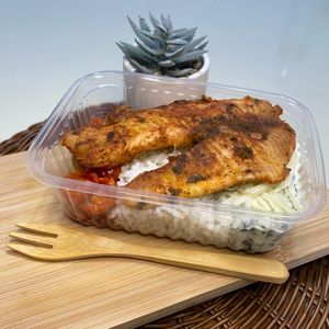 imagem do produto (250g) Tilápia assada com tomate e cebola, creme de espinafre fit e arroz 