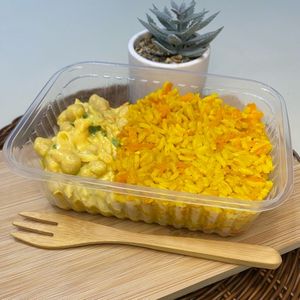 imagem do produto (350g) Grão de bico ao molho de mostarda com parmesão ralado e arroz com cenoura e cúrcuma