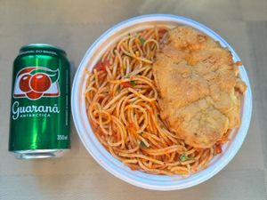 imagem do produto Espaguete & Frango Empanado + lata Guaraná + R$ 14,99 leve outra marmitex