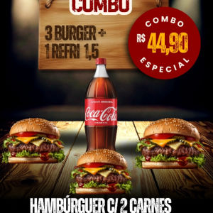 imagem do produto Combo n° 9 - 3 HAMBÚRGUERES COM 2 CARNES E COCA COCA DE 1,5