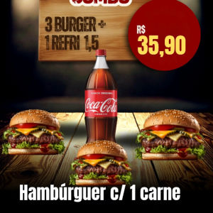 imagem do produto Combo n°8 - 3 hambúrgueres c/ 1 carne e coca cola de 1,5