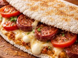 imagem do produto Tapioca de calabresa com queijo, requeijão e tomate.